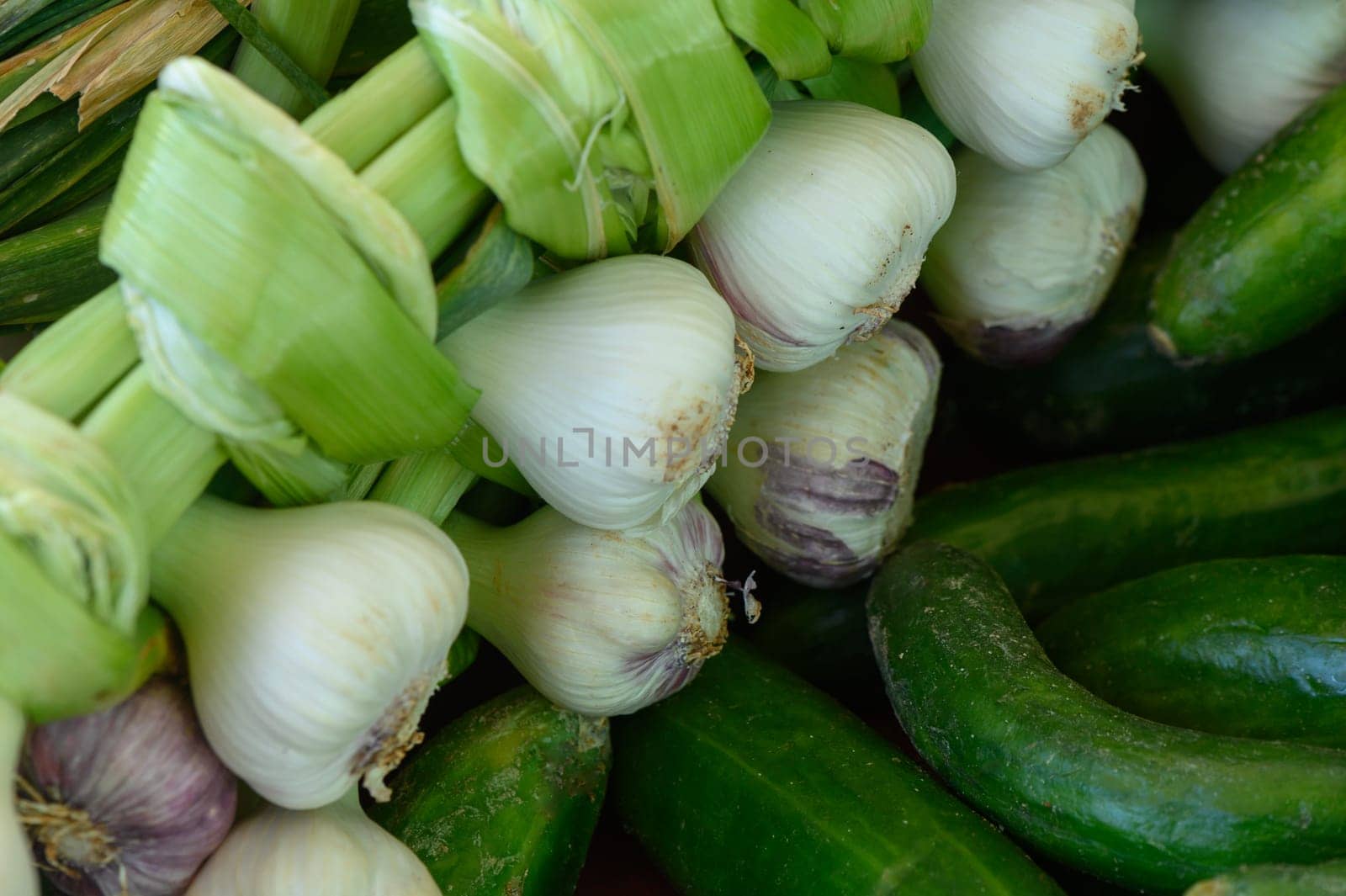 Bunches of crisp green onions and dark green cucumbers are arranged in a vibrant display, highlighting the freshness of the produce at a lively market. Customers enjoy browsing the colorful offerings.