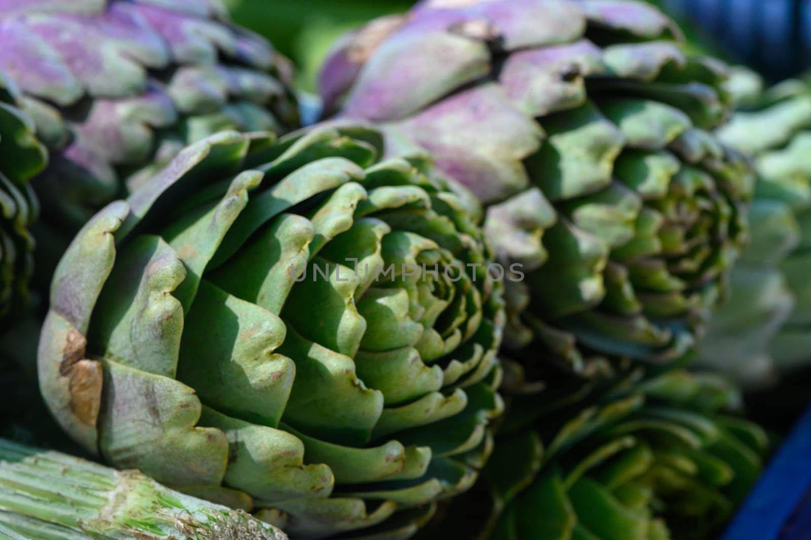 Fresh green artichokes are artfully arranged under the vibrant spring sun at a lively farmer's market.