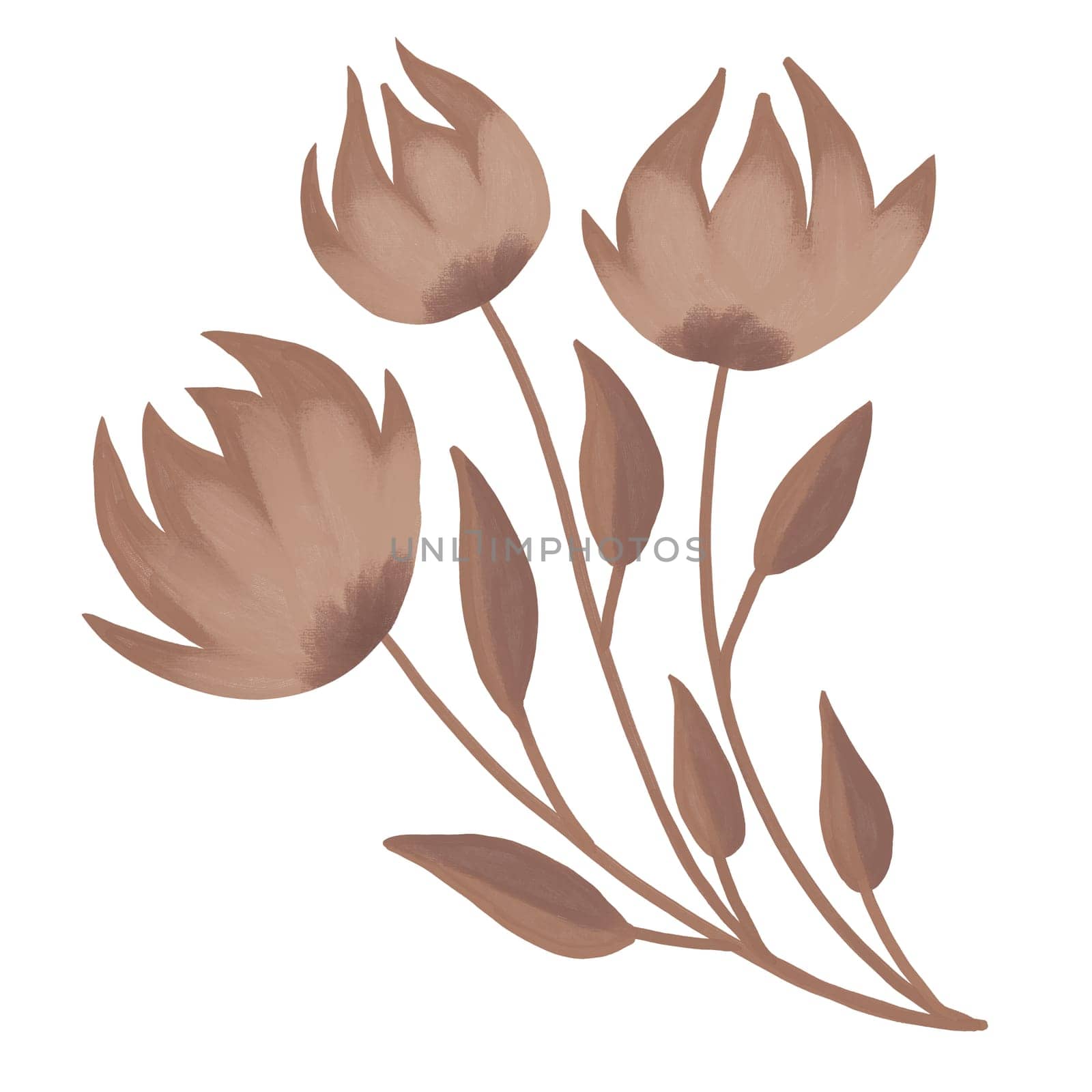 Hand drawn illustration of mocha mousse beige brown flowers leaves branch in curved modern shape outline. Minimalist floral garden design, bloom for cards invitations, elegant foliage plant nature concept