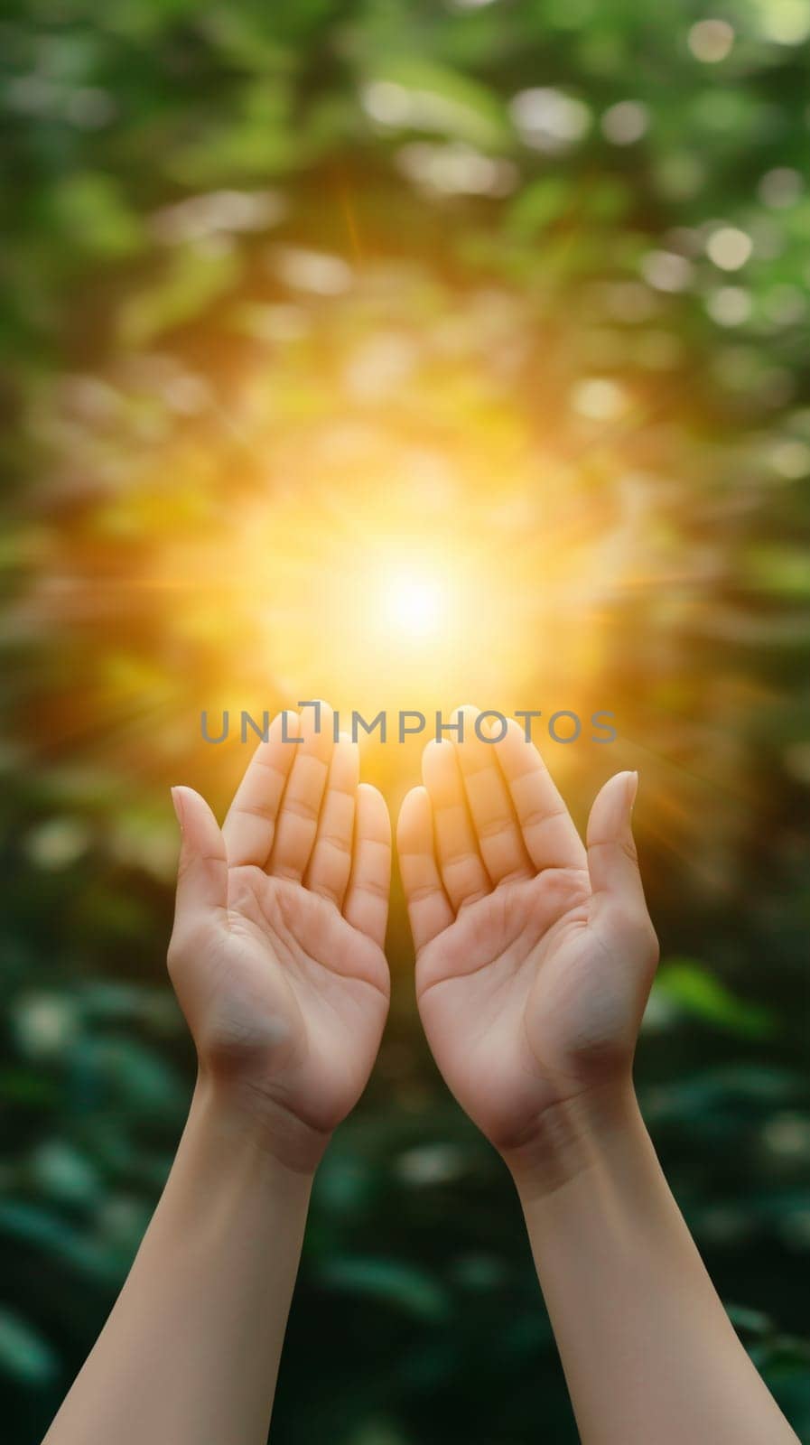 Woman holding her hands up to receive the light in a forest, spirituality and nature concept
