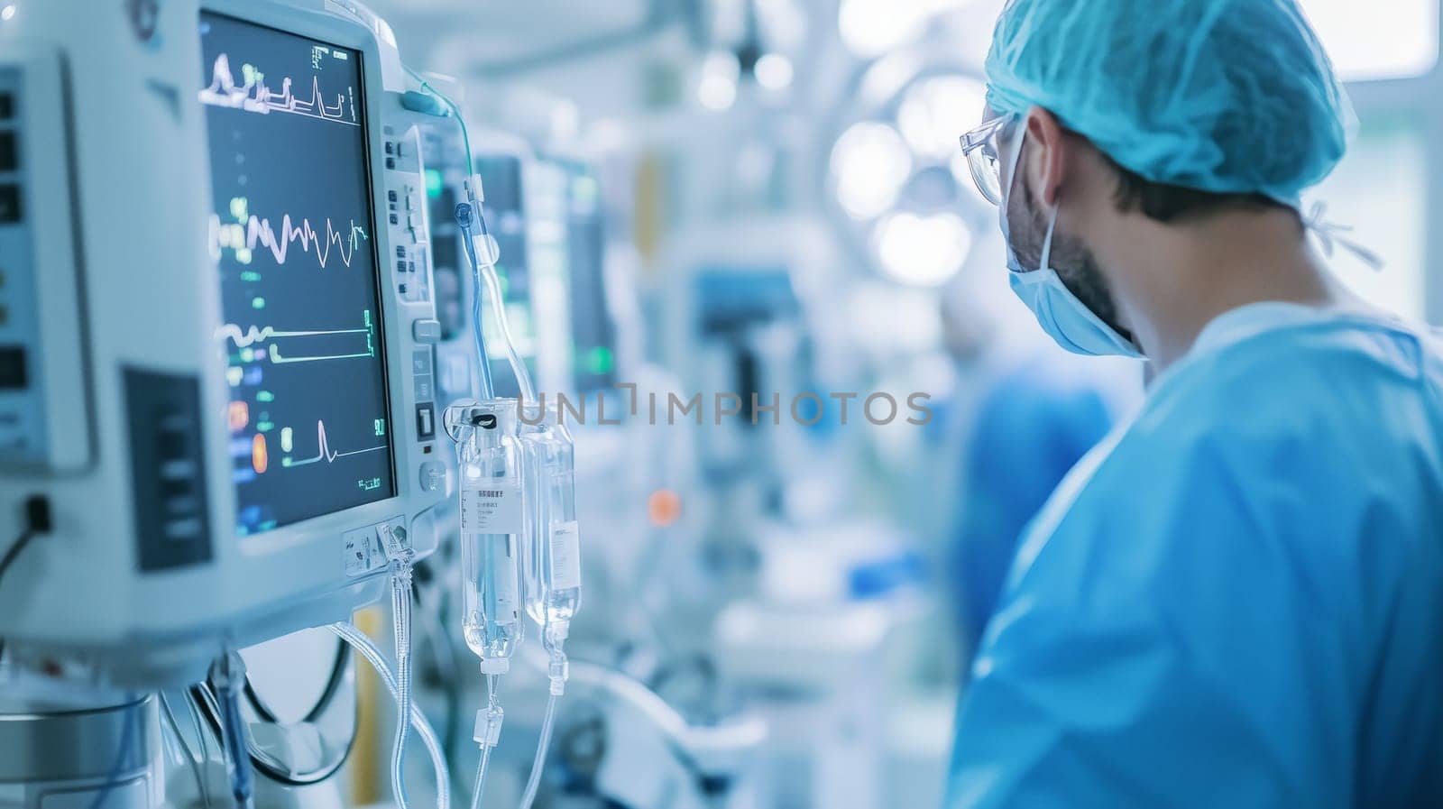 Medical professional wearing surgical mask and cap concentrating on intravenous drip and vital signs monitor during surgery
