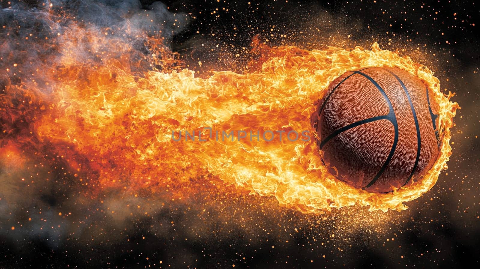 Basketball trailing flames against a black, star-filled background, evoking speed, power, and sporting intensity