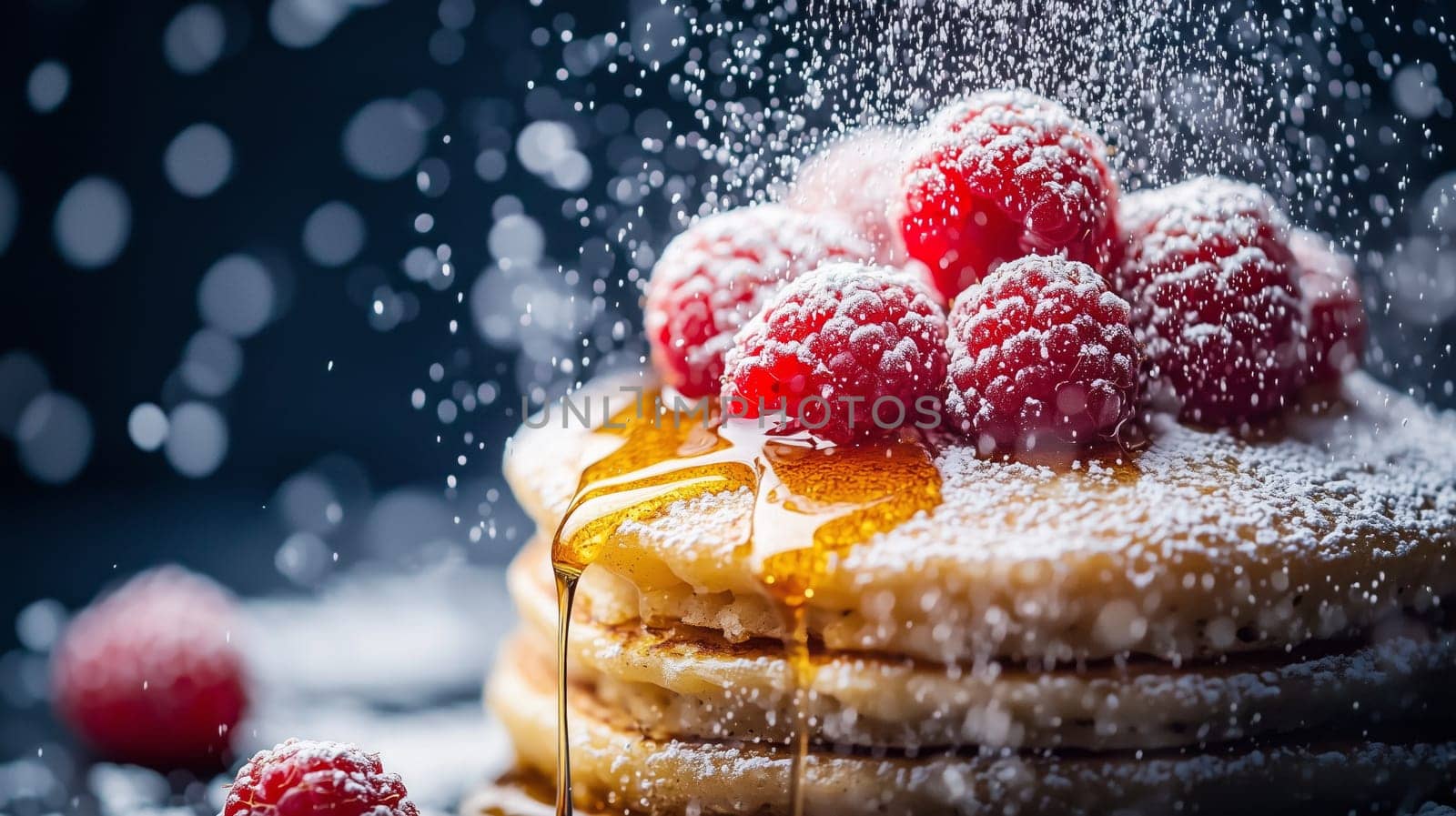 Stack of pancakes with raspberries and syrup on top, with icing sugar falling over them
