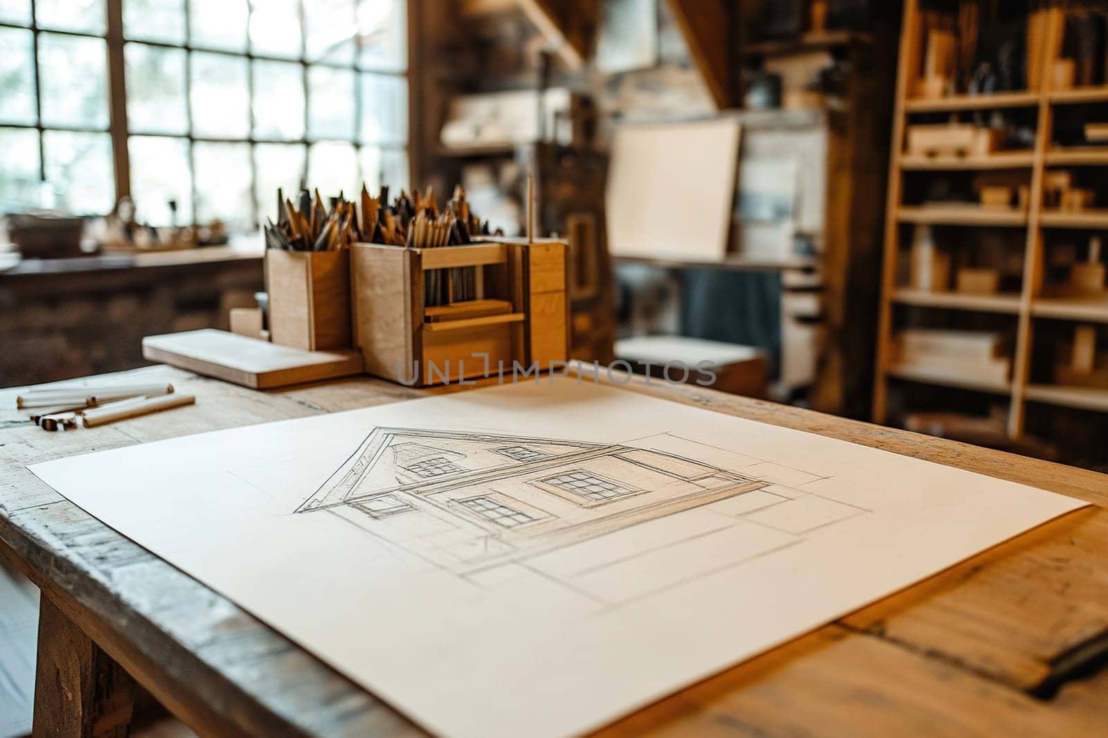 Vintage interior of an architect's office working on an architectural project drawing. Wooden table with a house drawing on a sheet.