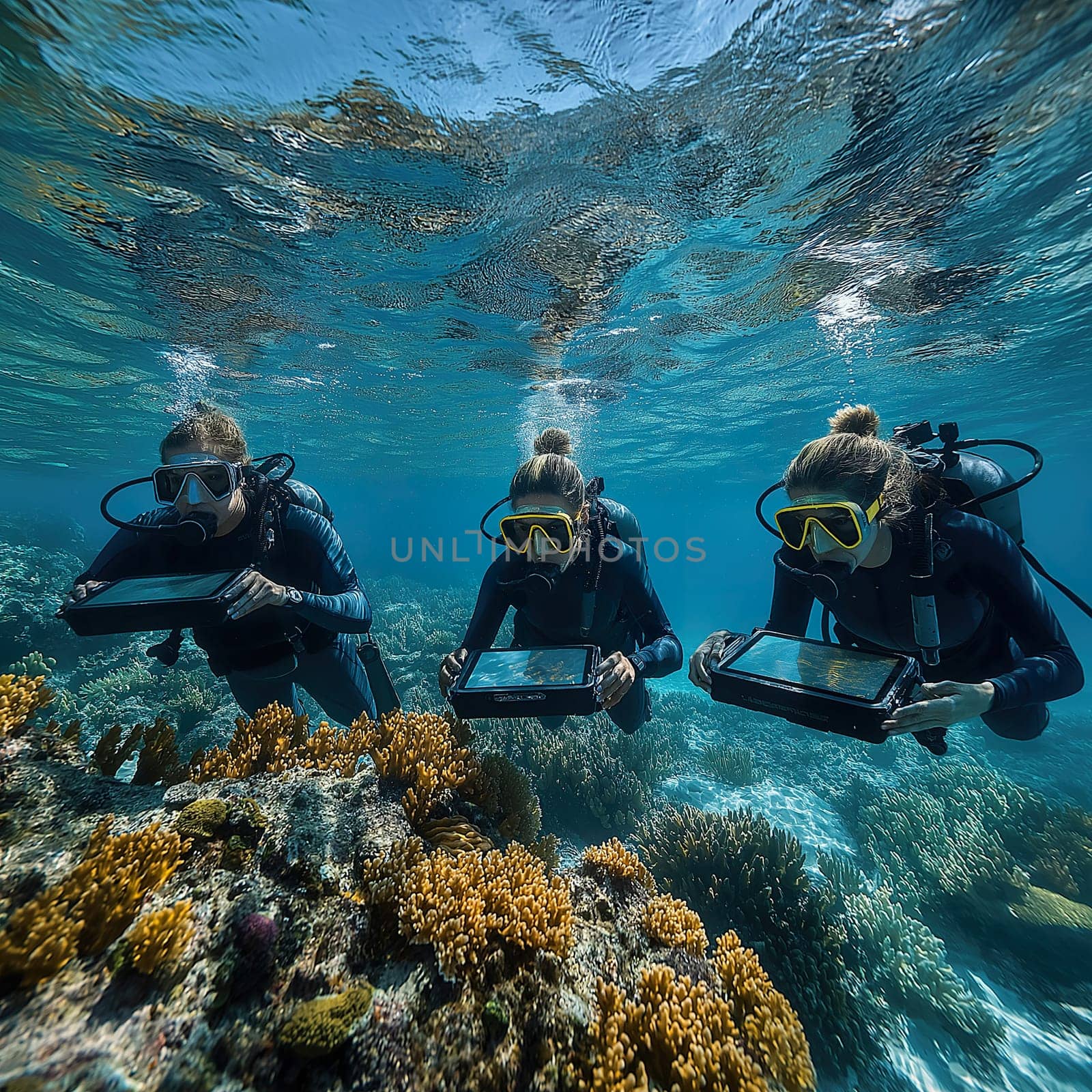 A group of divers captures the beauty of coral reefs while observing marine life in a clear tropical sea.