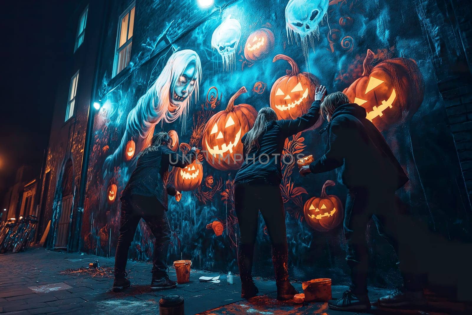 Three artists work on a vibrant Halloween mural featuring glowing pumpkins and ghostly imagery in a dark alley.