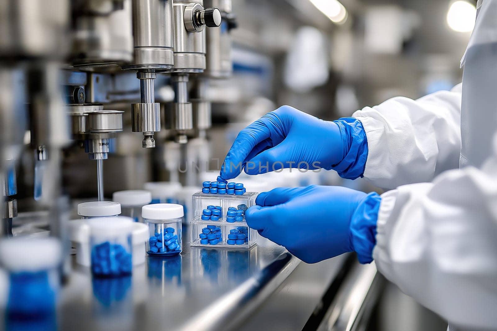 A worker carefully organizes blue pills into containers while wearing blue gloves in a pharmaceutical setting, ensuring precision and safety.