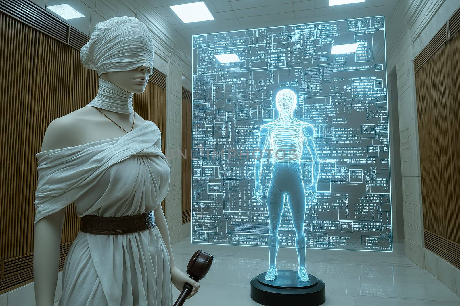 The blindfolded Lady Justice contrasts with high-tech holograms, highlighting the balance of fairness in today\'s digital courtroom.