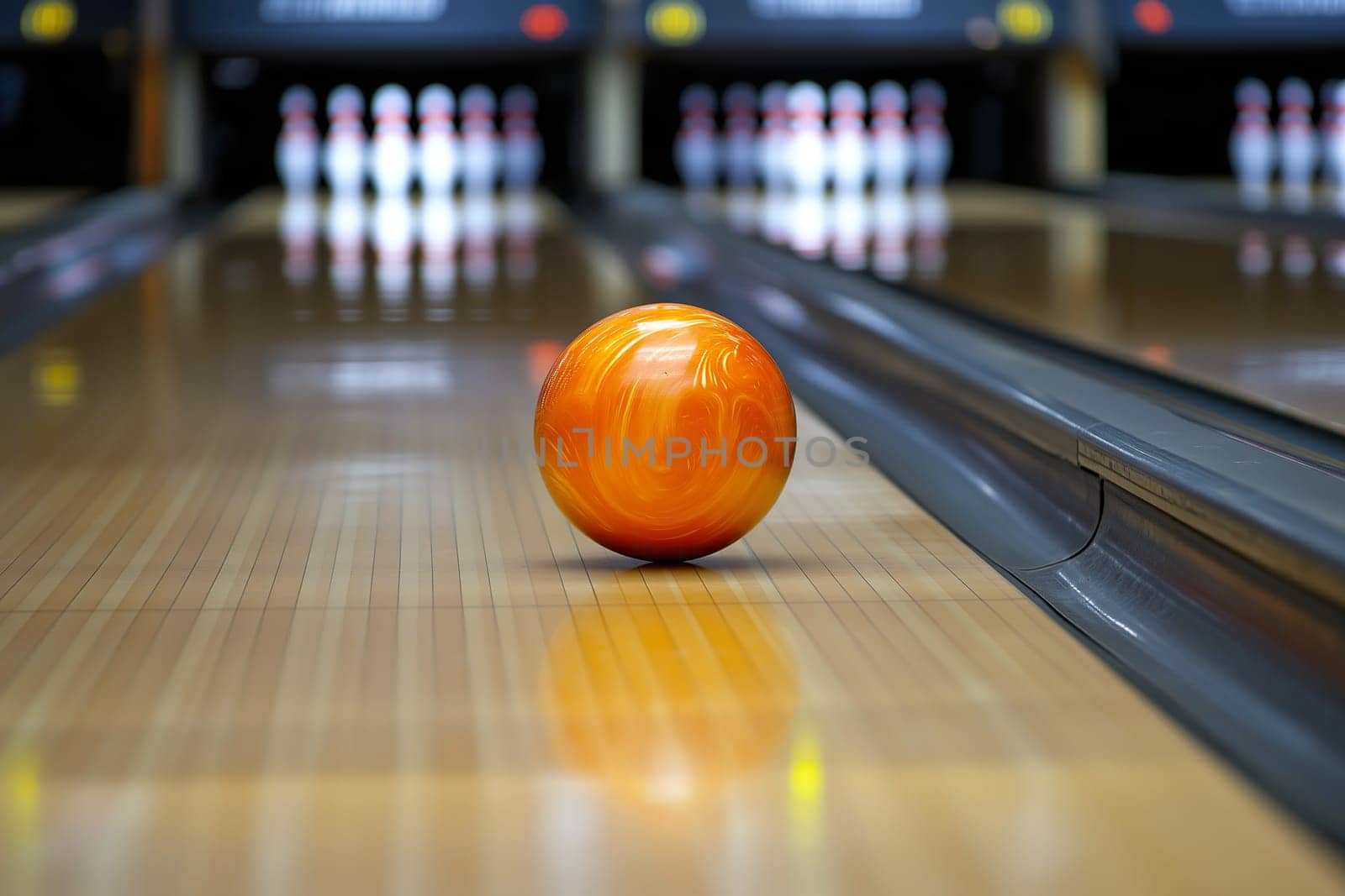 At a bustling bowling alley, an orange bowling ball speeds toward the pins, creating an exciting atmosphere for players and spectators.