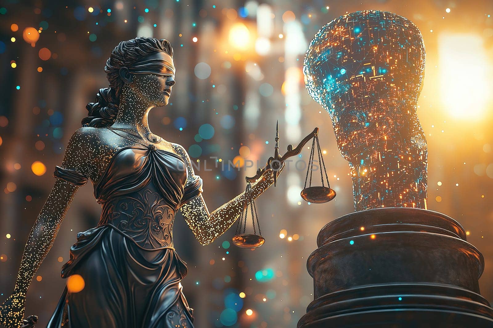 The statue of Lady Justice, blindfolded and poised with scales, represents fairness and equality in a beautifully lit setting, evoking reflection.