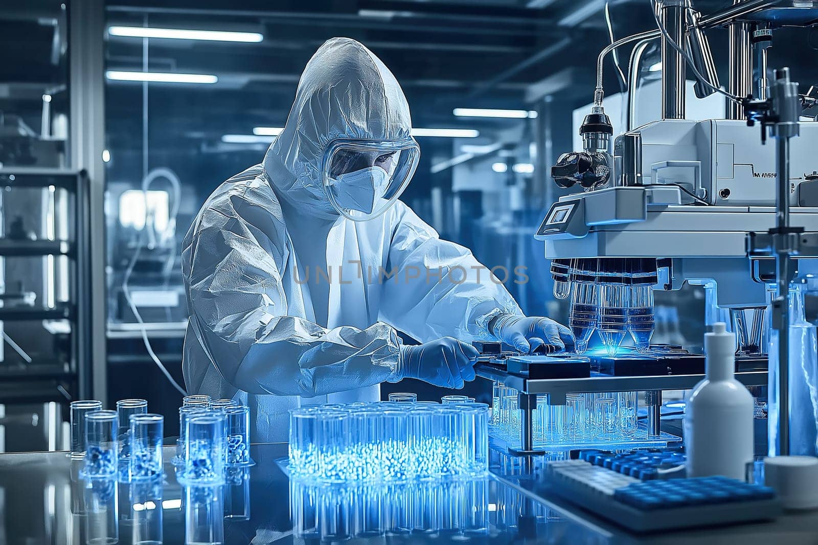 A scientist in protective gear is focused on conducting experiments with glassware in a cutting-edge pharmaceutical laboratory.