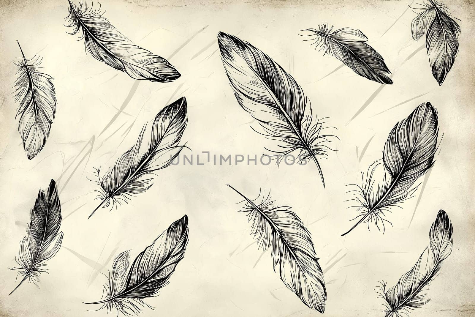 The artwork features finely drawn feathers in black and white, emphasizing their intricate patterns and textures against a light backdrop.