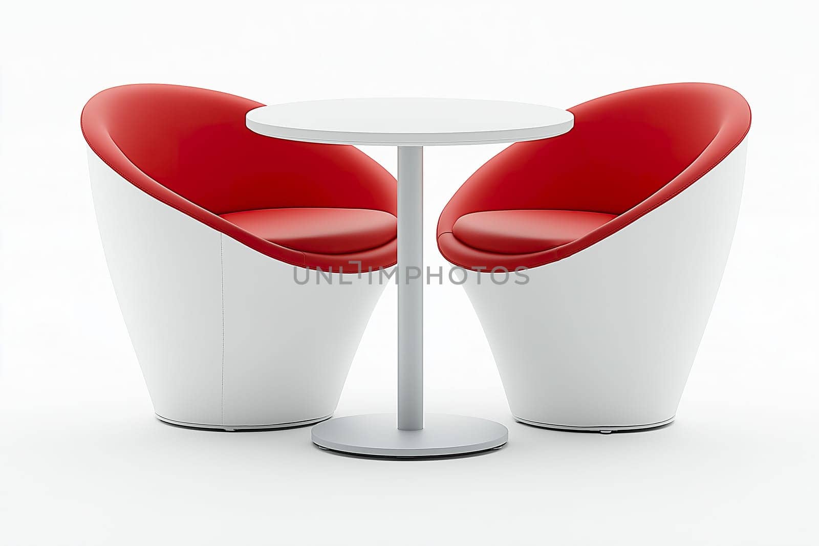 Two red leather armchairs surround a sleek round table, providing a cozy and vibrant space for relaxation and interaction.