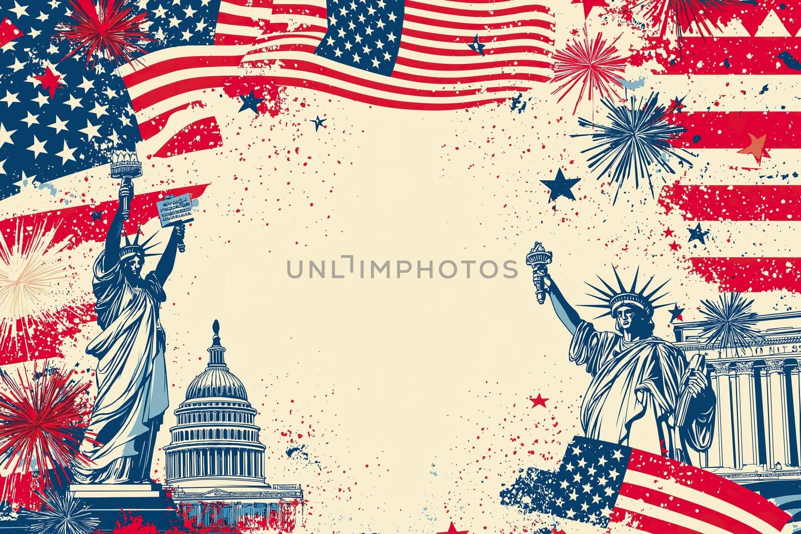 Festive posters showcase iconic American symbols in a vibrant red, white, and blue design, celebrating the spirit of July festivities.