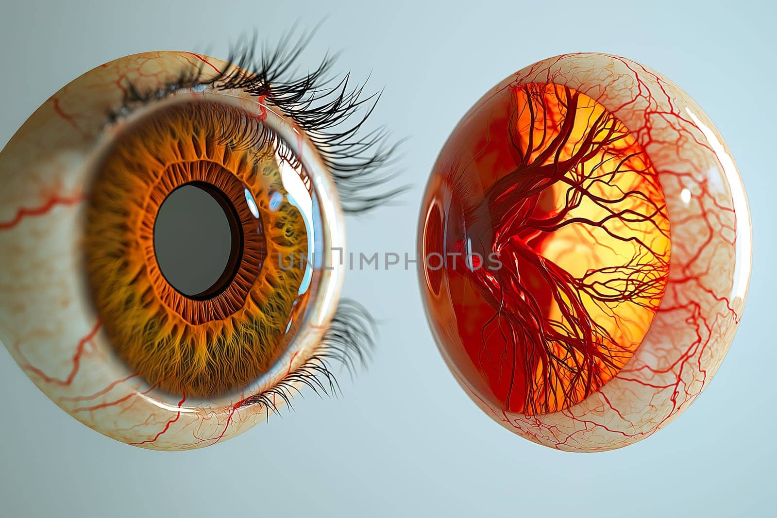This illustration highlights the contrasting features of a healthy eye and one affected by disease, emphasizing vascular and structural differences.