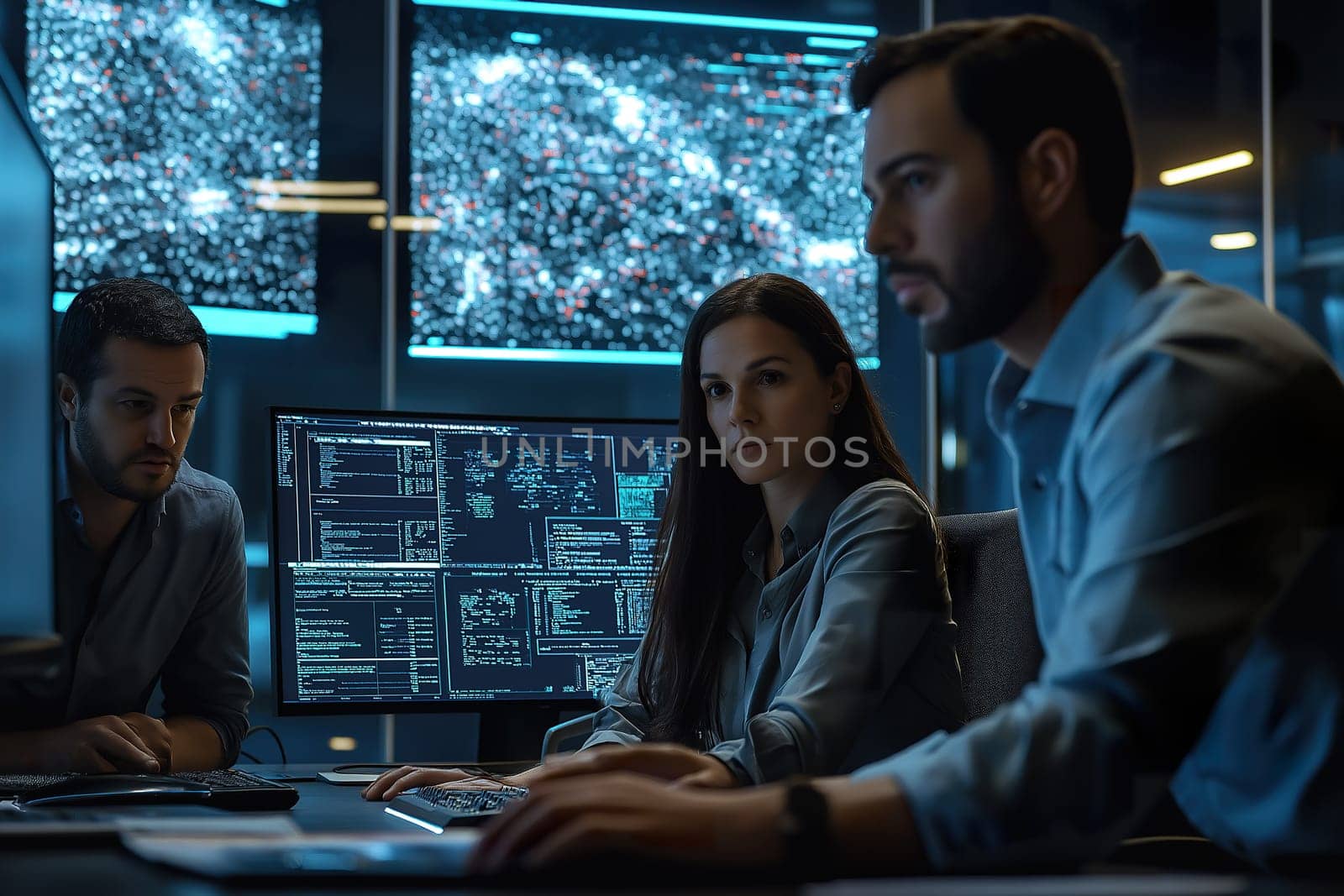 Three intelligence officers systematically analyze vast data sets on multiple screens, focusing intently on their work in a secure environment.