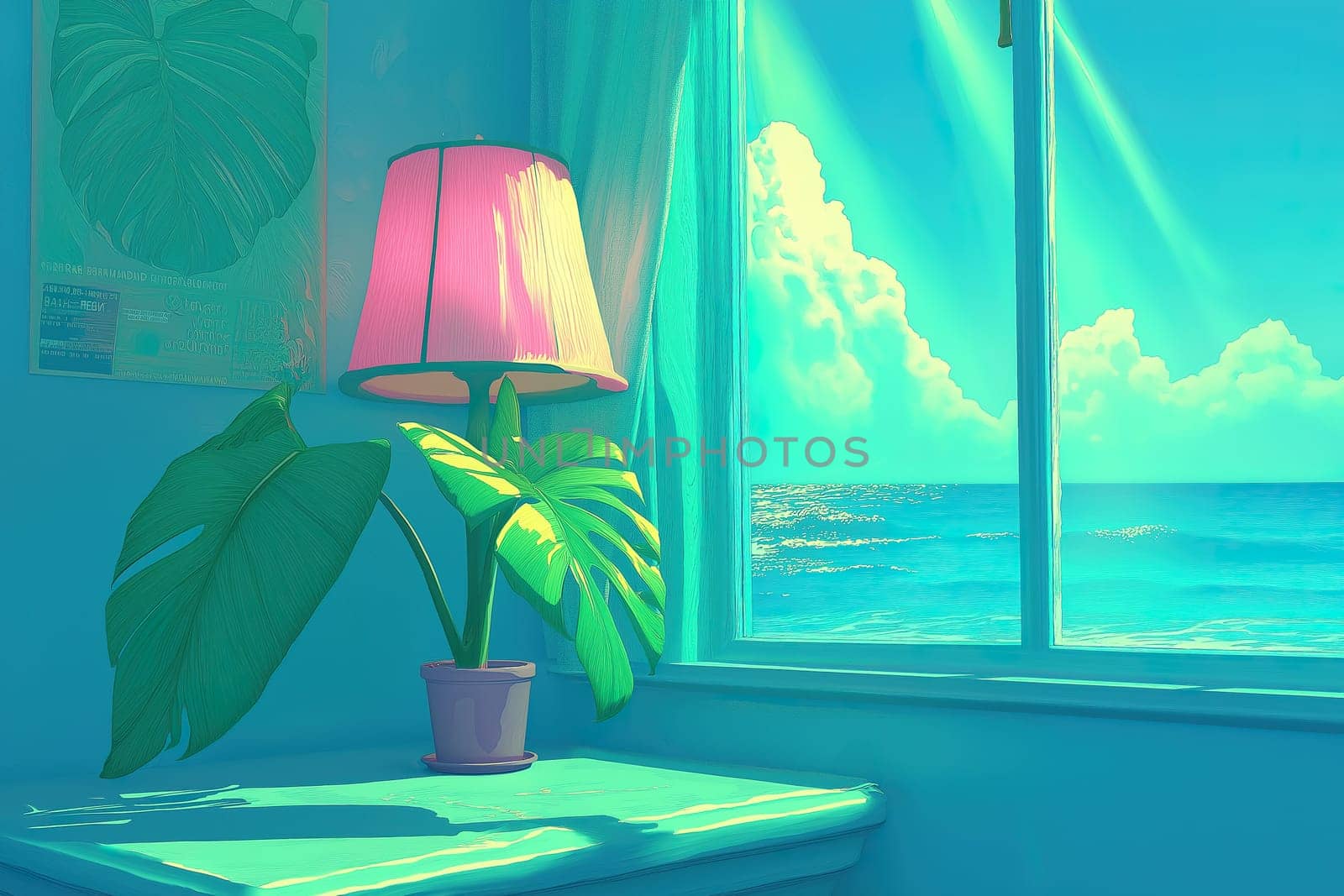 A cozy room showcases a pink lamp beside a window overlooking the ocean, complemented by green plants and bright, tranquil colors.