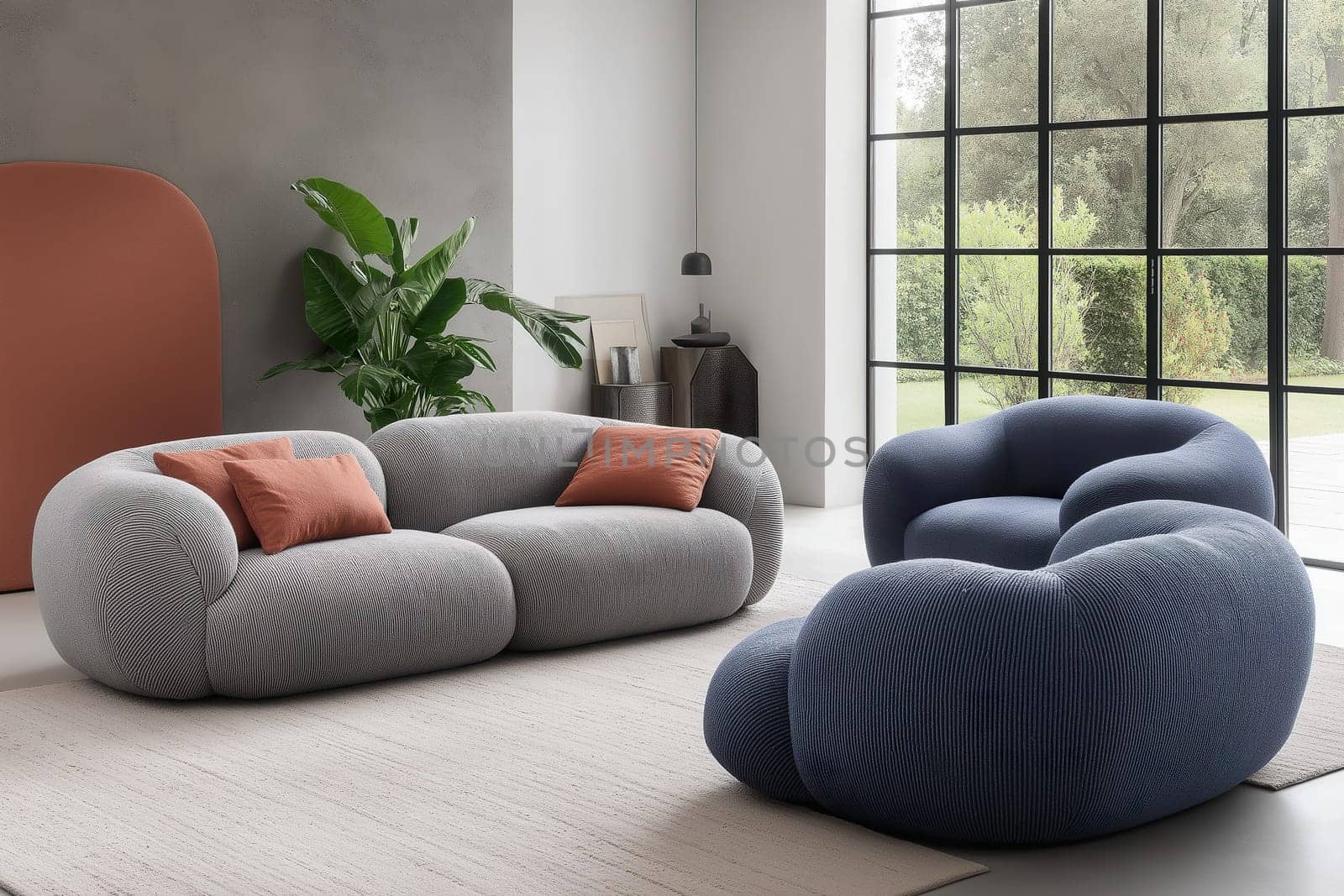 Cozy sofas and inviting boucle armchairs are arranged by a large grid window, enhancing the bright and modern living space.