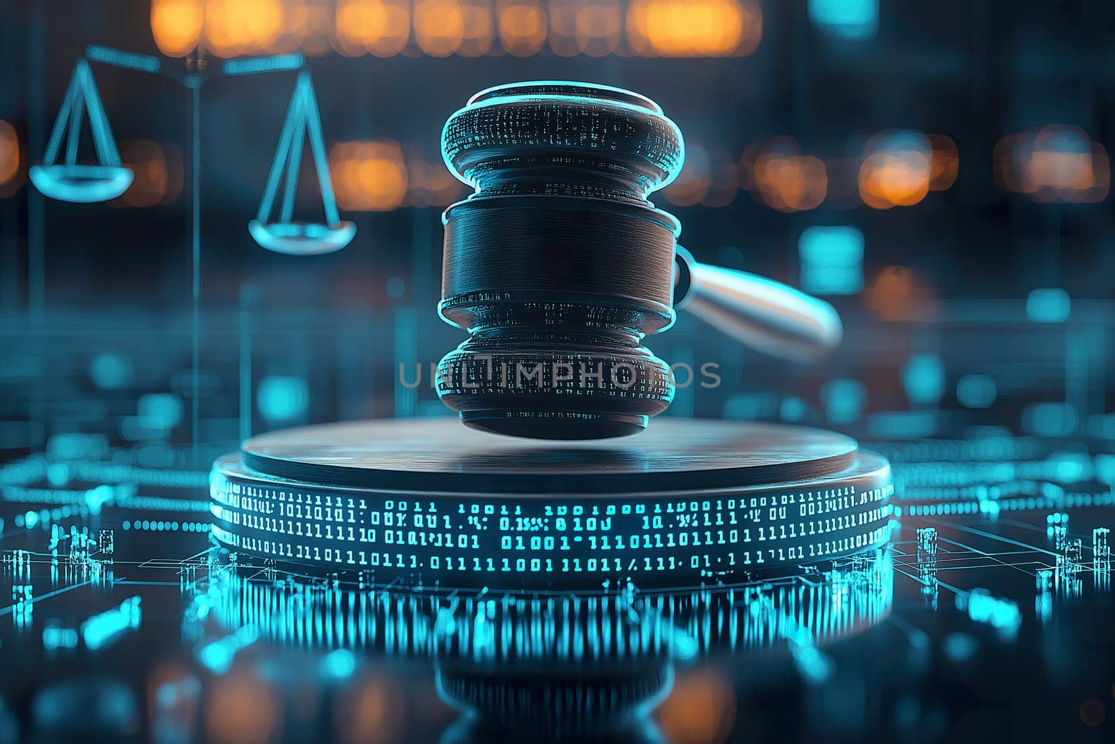 The wooden gavel hovers over a digital backdrop, representing the blend of justice and technology in contemporary legal practices.