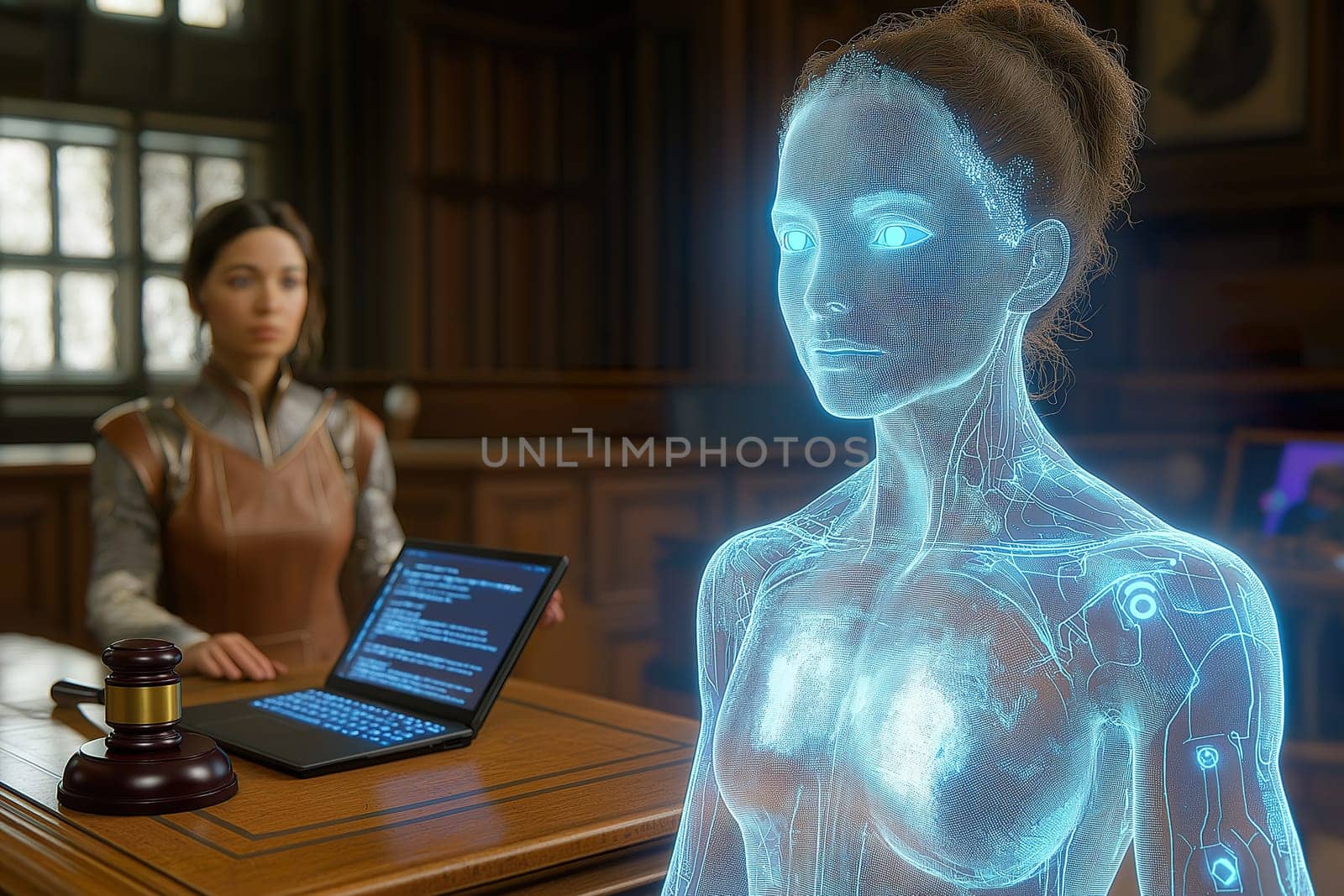 A holographic AI figure floats in a courtroom while a lawyer reviews digital documents on a tablet, enhancing the trial experience.