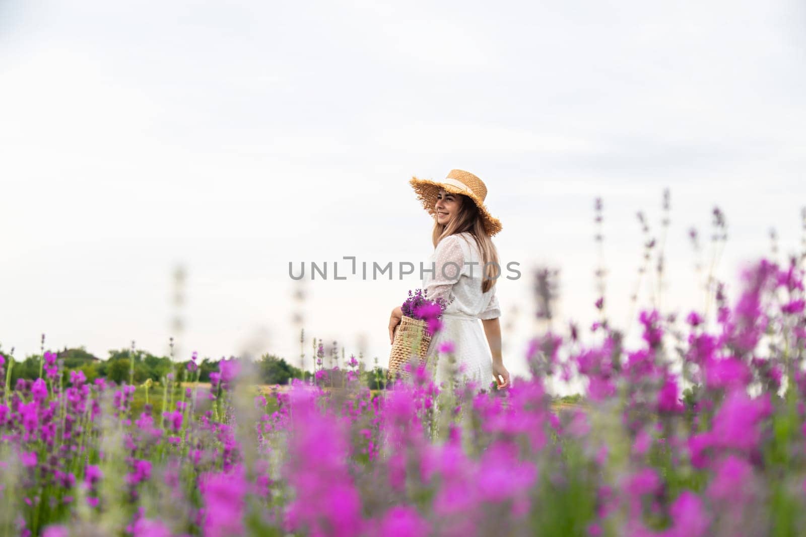 Woman lavender field. Happy carefree woman in white dress walking through lavender field
