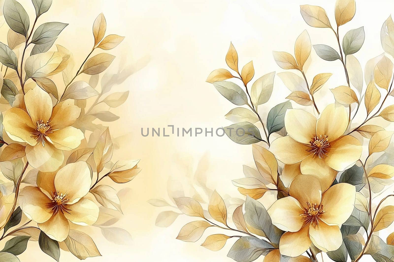 Delicate light yellow flowers and green leaves create an elegant floral arrangement against a soft, pastel background.