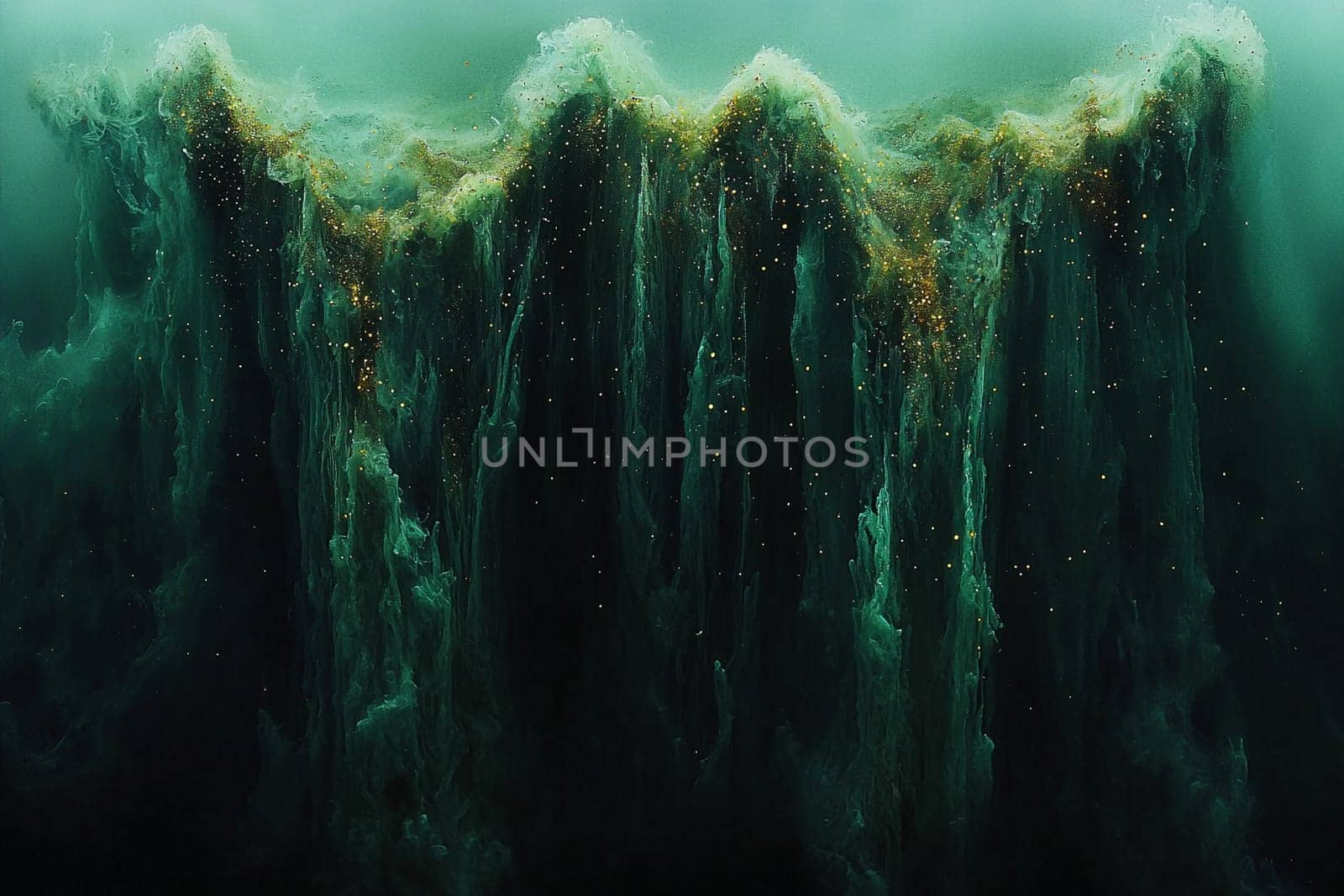 Dark waters blend with vibrant shades of green, forming flowing shapes that shimmer with golden particles, evoking a magical underwater realm.