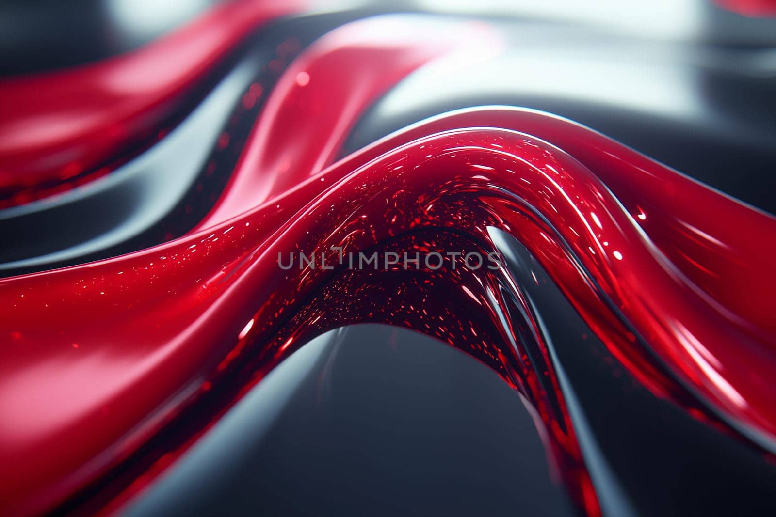 Intricate movement of red and black liquid creates a mesmerizing abstract design with glossy surfaces reflecting light effectively.