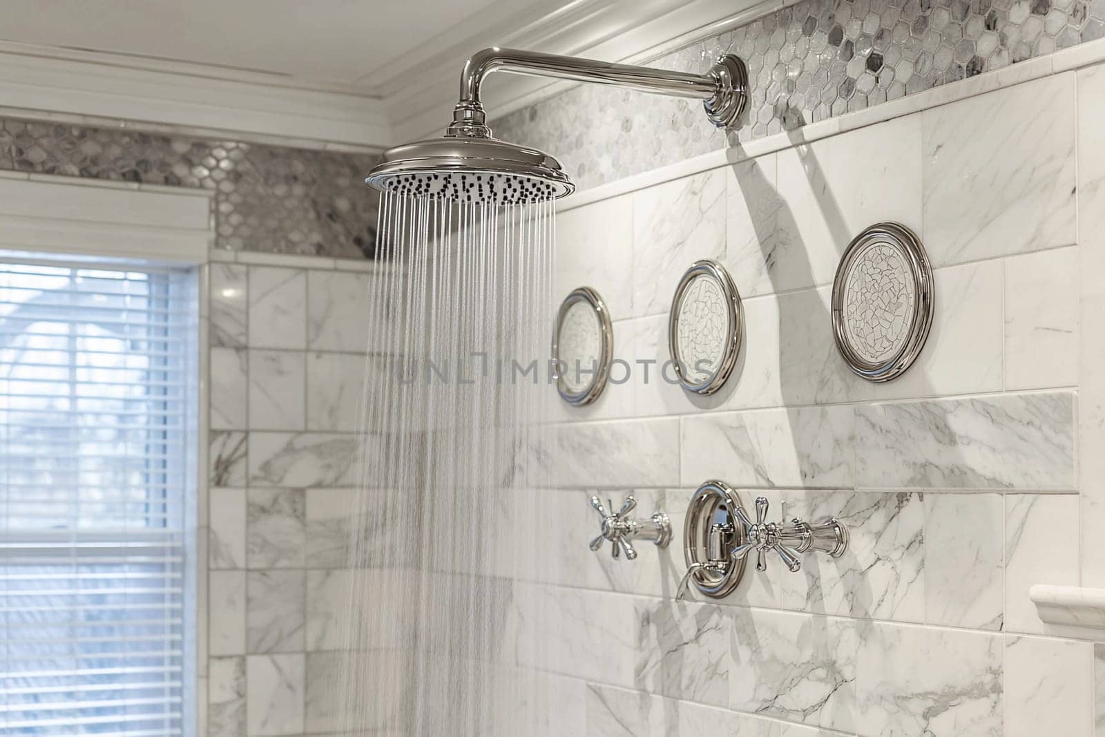 Water cascades from a polished showerhead into a beautifully designed bathroom featuring marble tiles and decorative elements.