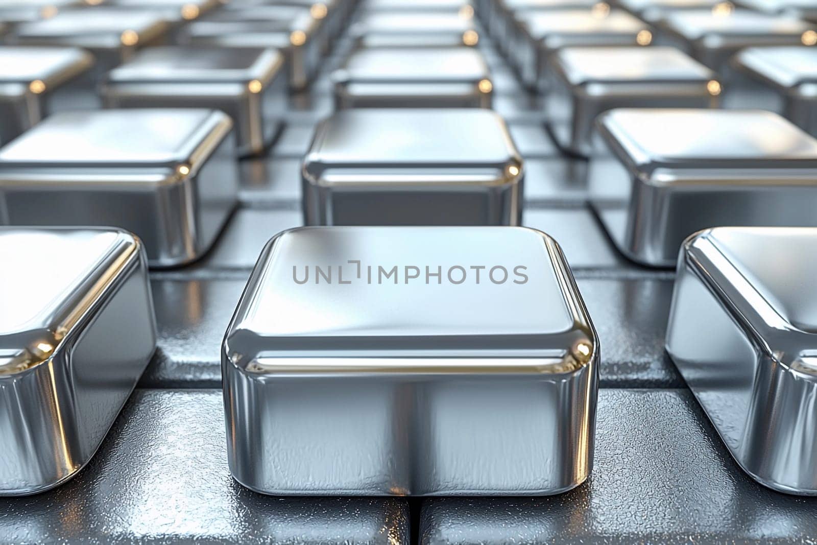 Close-up view of numerous polished metallic blocks aligned in a perfect grid, reflecting light beautifully across their surfaces.