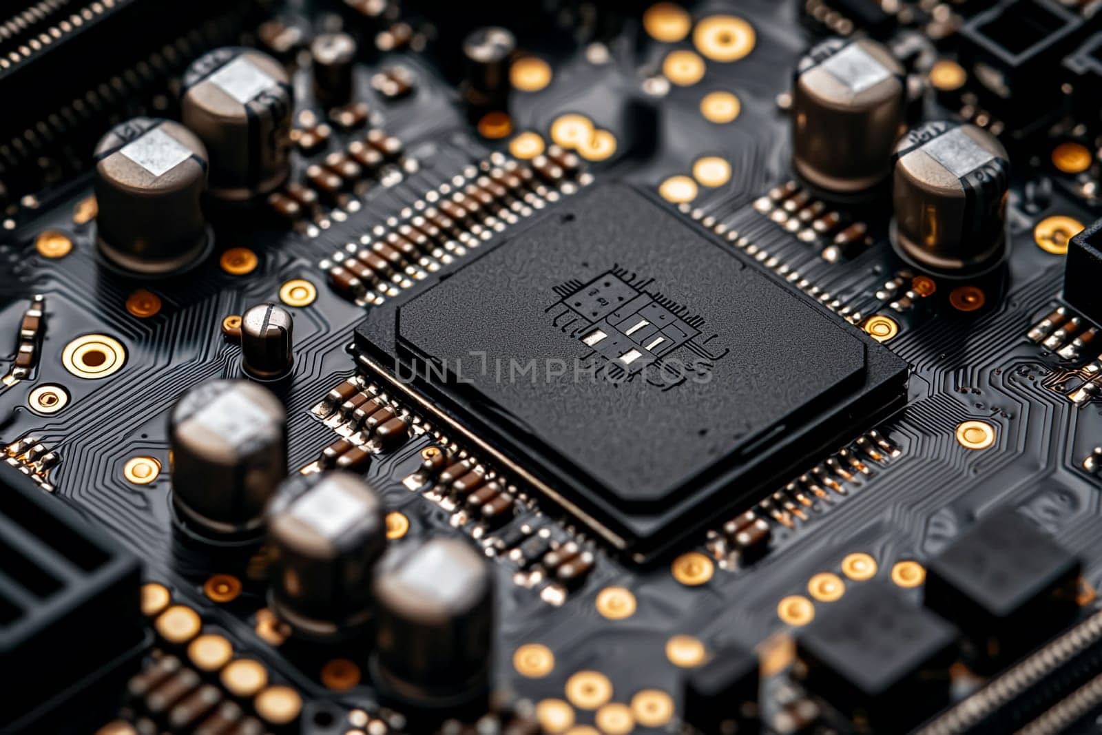 A detailed view of a circuit board with a microchip and various electronic components, highlighting the complexity of technology.