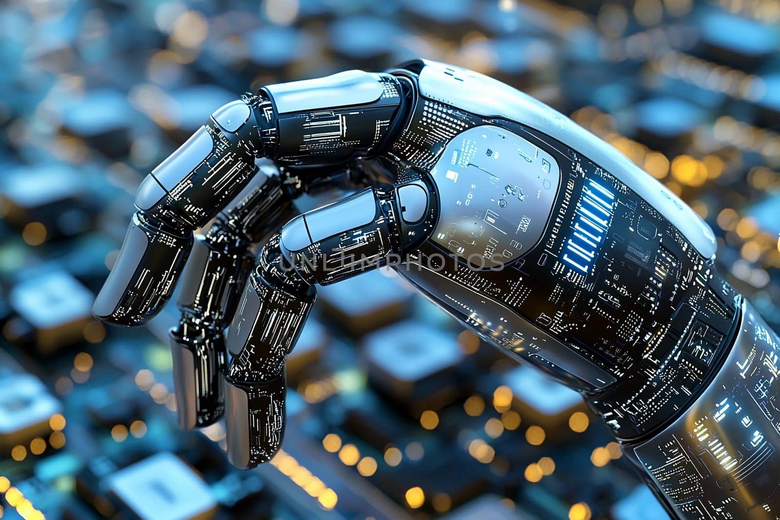 A detailed robotic hand showcases intricate circuits while interacting with advanced computer components during a technology event.