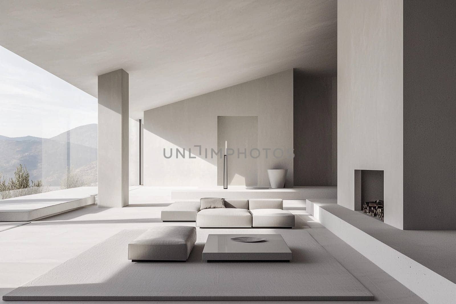 Spacious living area features neutral tones and large windows with mountain views, creating a serene atmosphere in daylight.