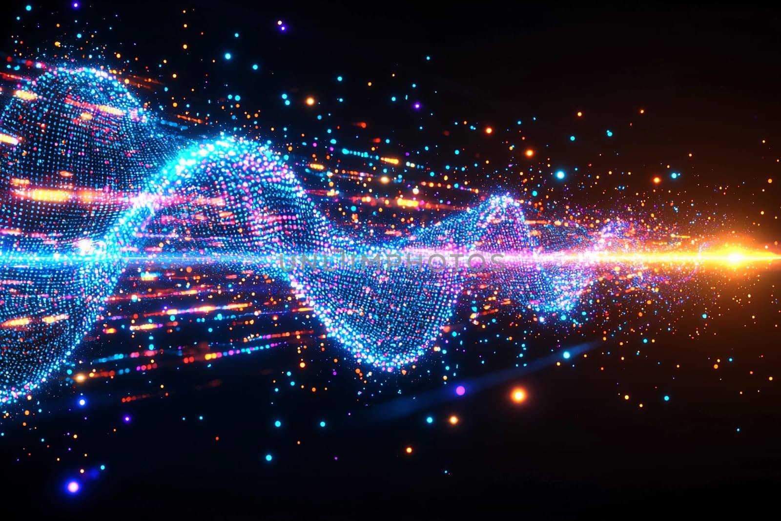 Brightly colored light wave patterns flow through a dark background, showcasing energy and motion in a vibrant digital universe.