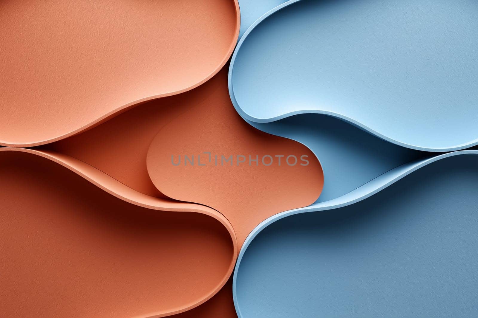 Curved shapes in warm terracotta and cool blue tones intertwine, showcasing a modern artistic design that emphasizes flow and harmony.