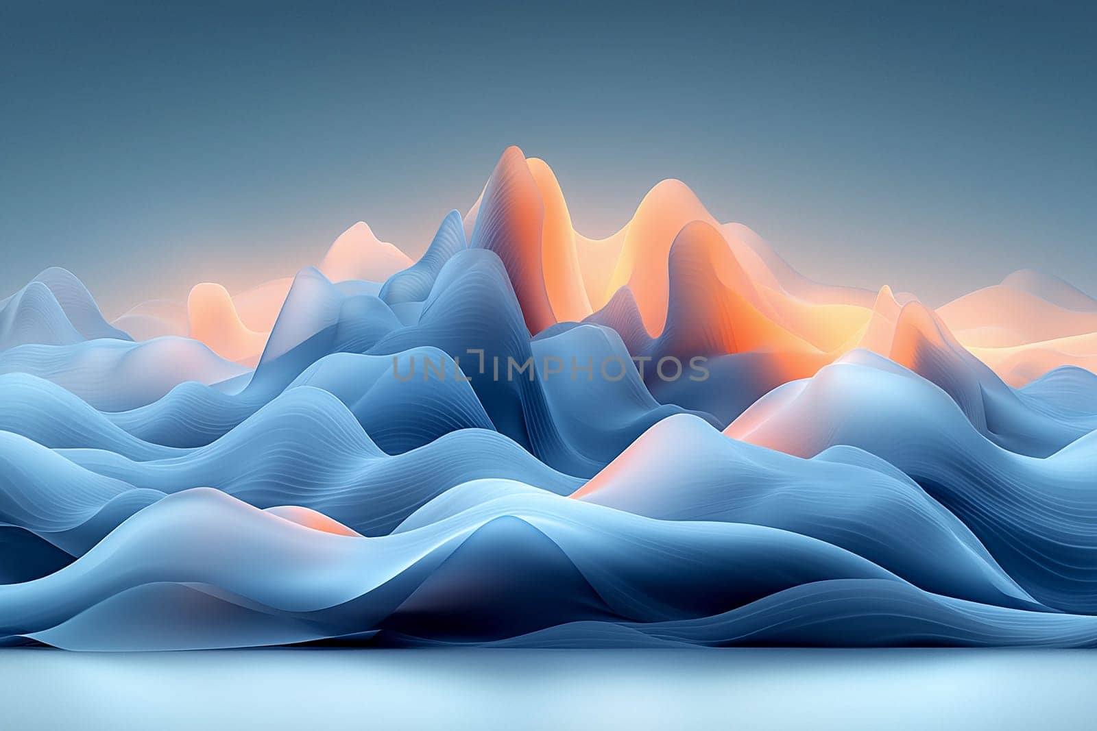 Soft, flowing textures form a tranquil landscape, showcasing peaks and valleys illuminated by warm light in a cool color palette.