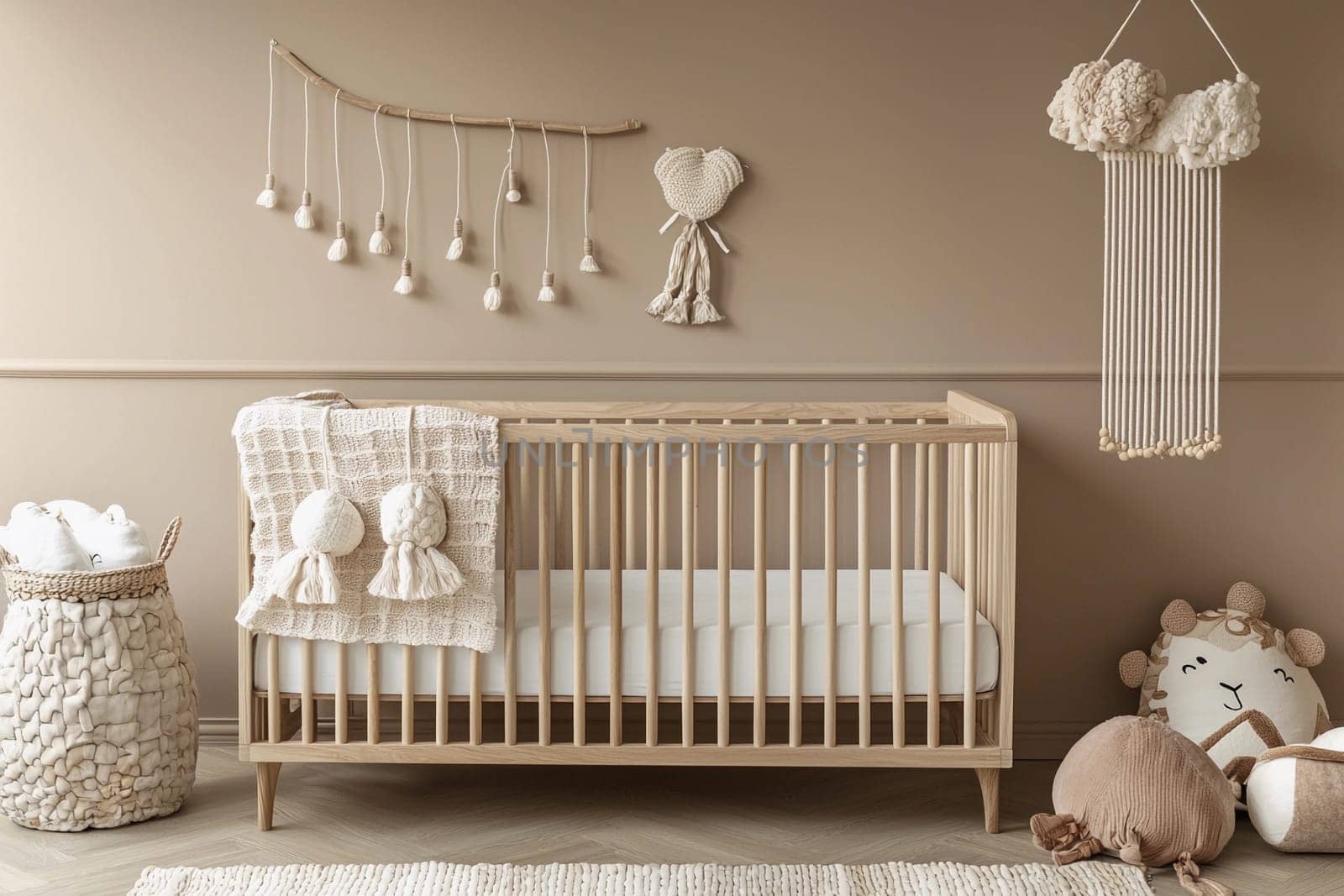 Soft colors and natural materials create a serene nursery space with a wooden crib, plush decorations, and cozy textiles for baby comfort.