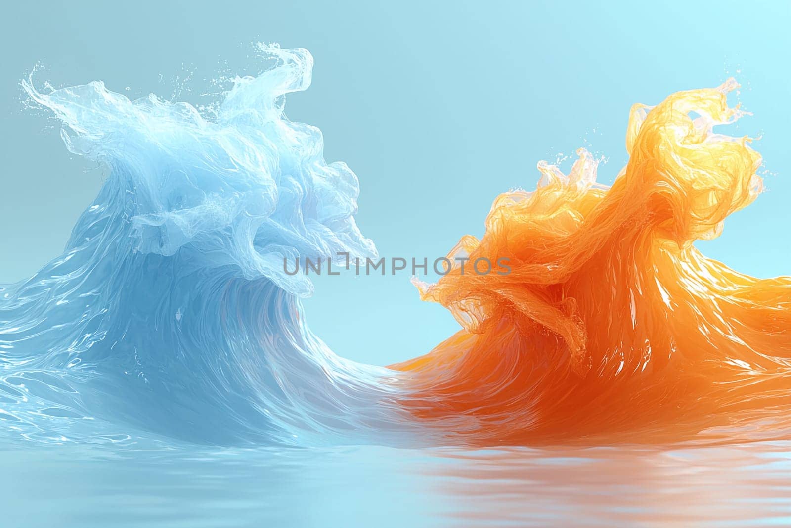 Blue and orange waves swirl together in an energetic display, showcasing fluid motion and color contrast against a tranquil backdrop.