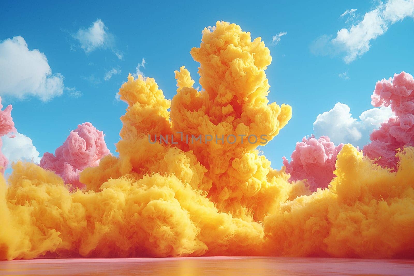 Bright yellow and pink clouds billow up into the clear blue sky above a serene water surface, creating a stunning visual display in daylight.