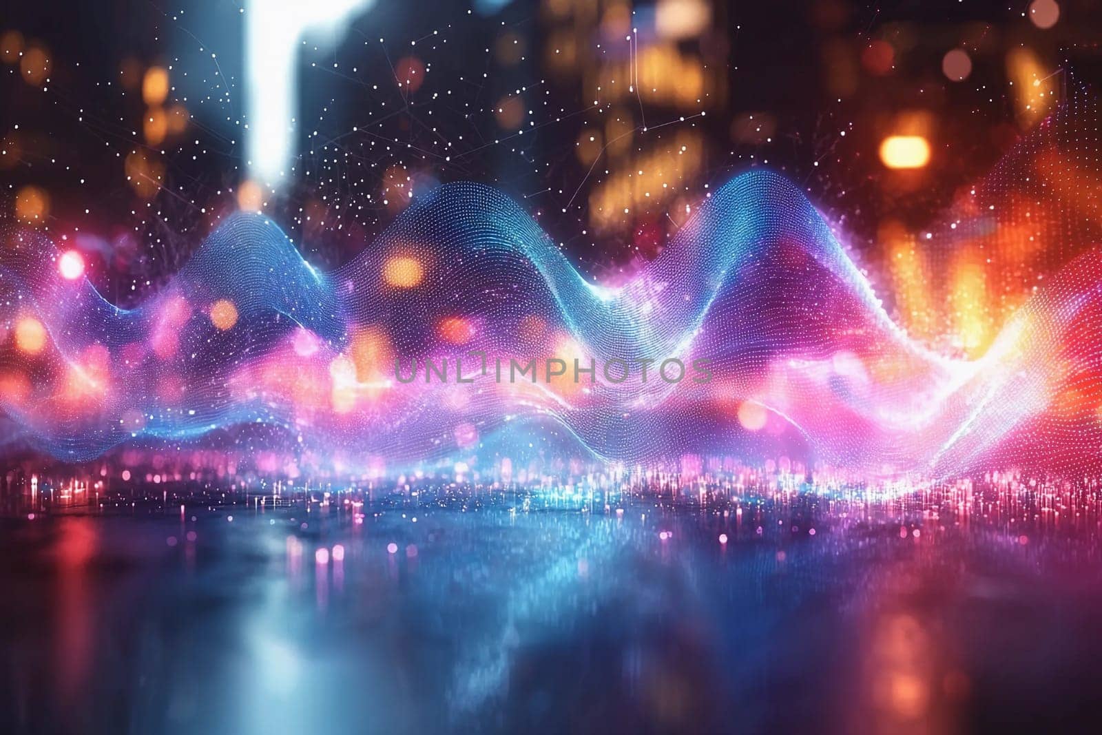 Colorful patterns of light weave through an urban environment, showcasing a dynamic digital landscape illuminated at night.