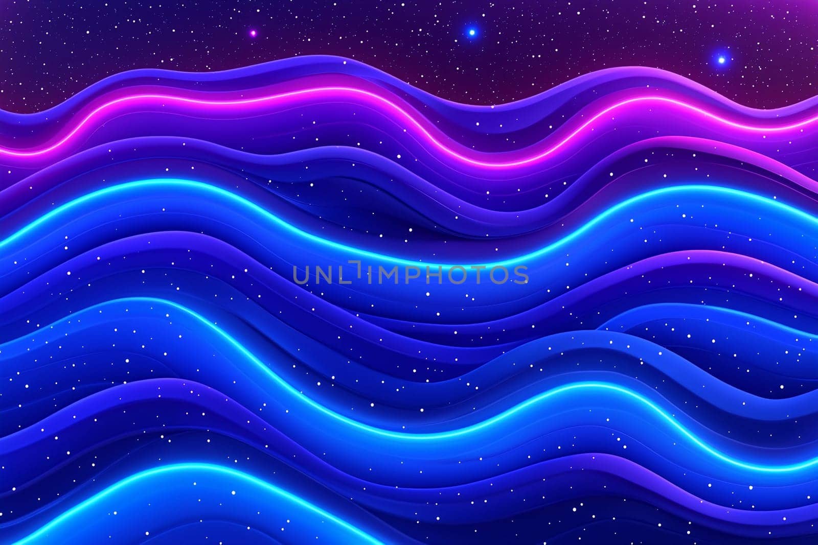 Waves of blue and pink light luminosity flow across a dark cosmic background filled with stars, creating a mesmerizing visual effect.