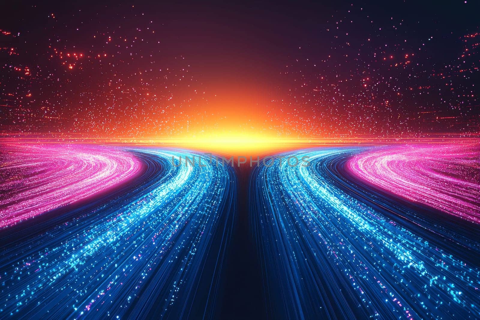 Colorful trails of light stretch towards a bright horizon, blending blues and pinks against a dramatic sunset backdrop.
