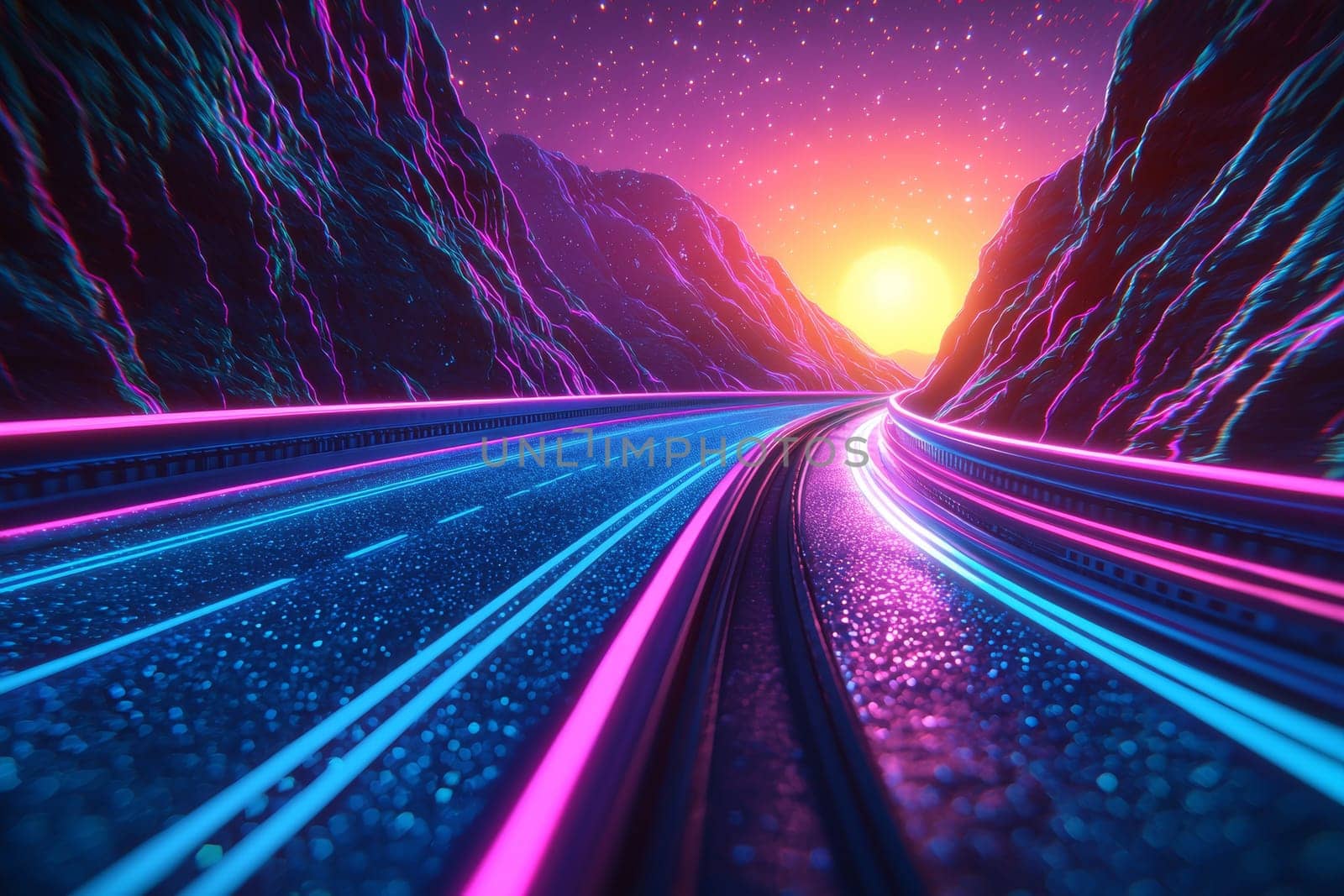 A winding road illuminated by neon lights stretches between majestic mountains during a beautiful sunset, showcasing vibrant colors and reflections.