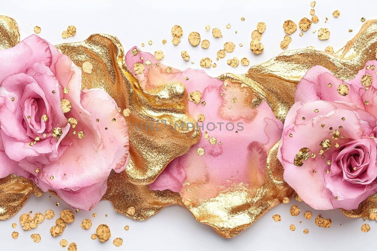 Delicate pink roses are beautifully intermingled with shimmering gold accents on a smooth white surface, creating an elegant decor design.