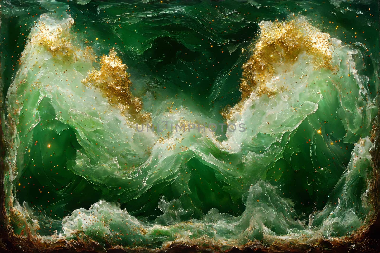 Vibrant green and gold colors blend together, resembling waves crashing in a mystical ocean landscape during twilight hours.