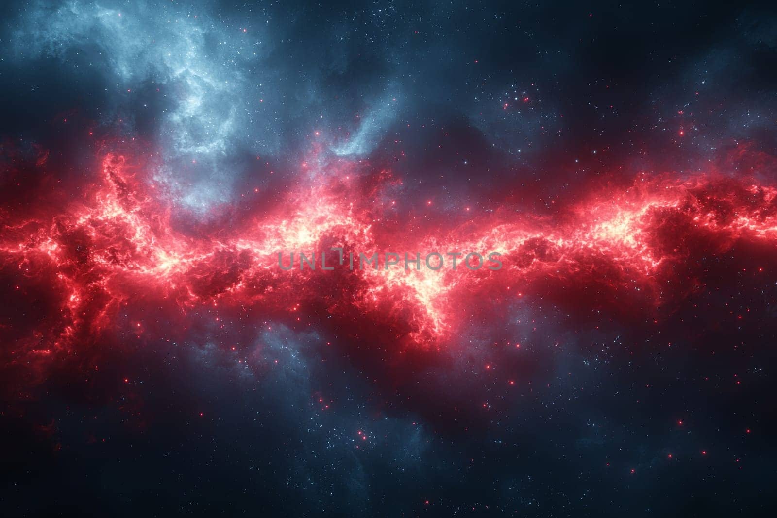 A vivid display of a galactic nebula shows swirling red and blue gases highlighting the beauty of cosmic formation in outer space.