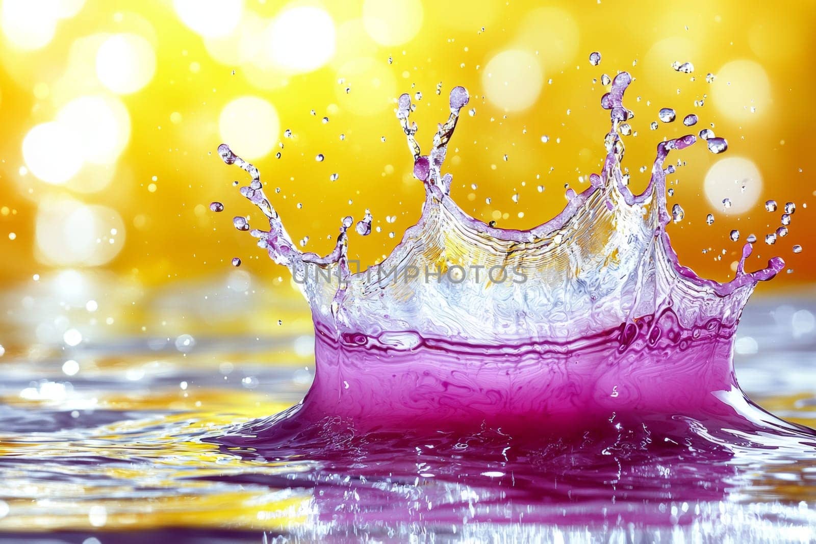 Bright purple splash from water creates intricate patterns against a shimmering golden background, capturing a moment of dynamic beauty.