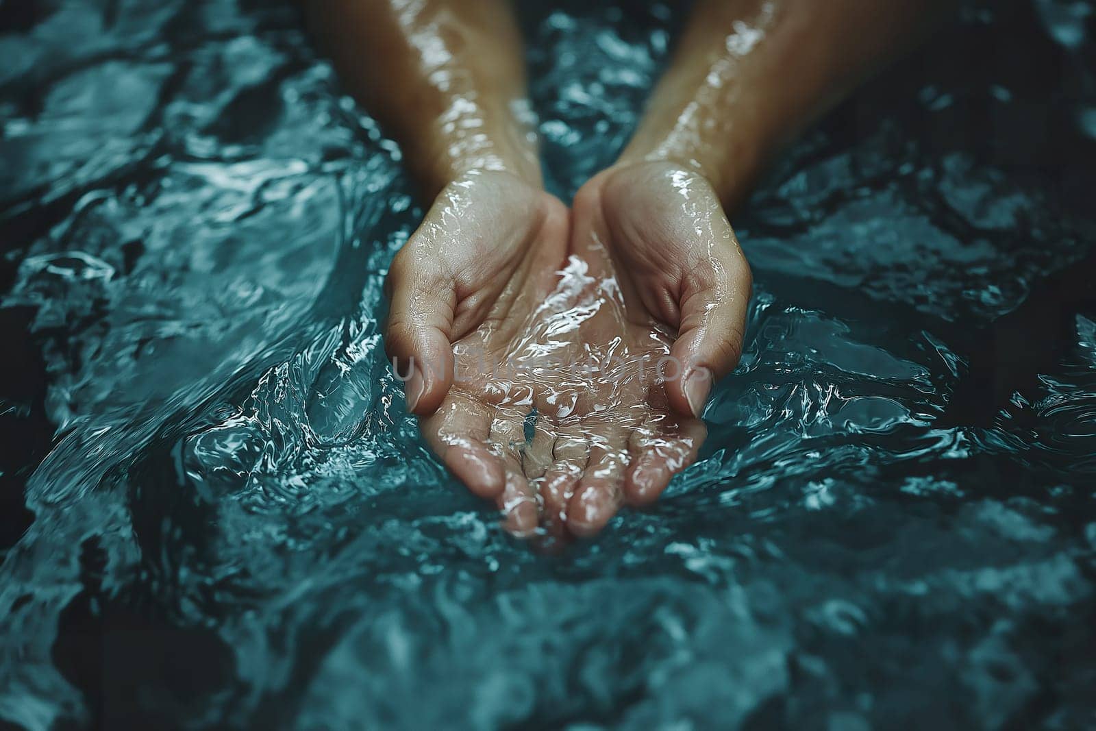 Two hands delicately hold clear water, creating ripples in a peaceful, calming environment, evoking tranquility.