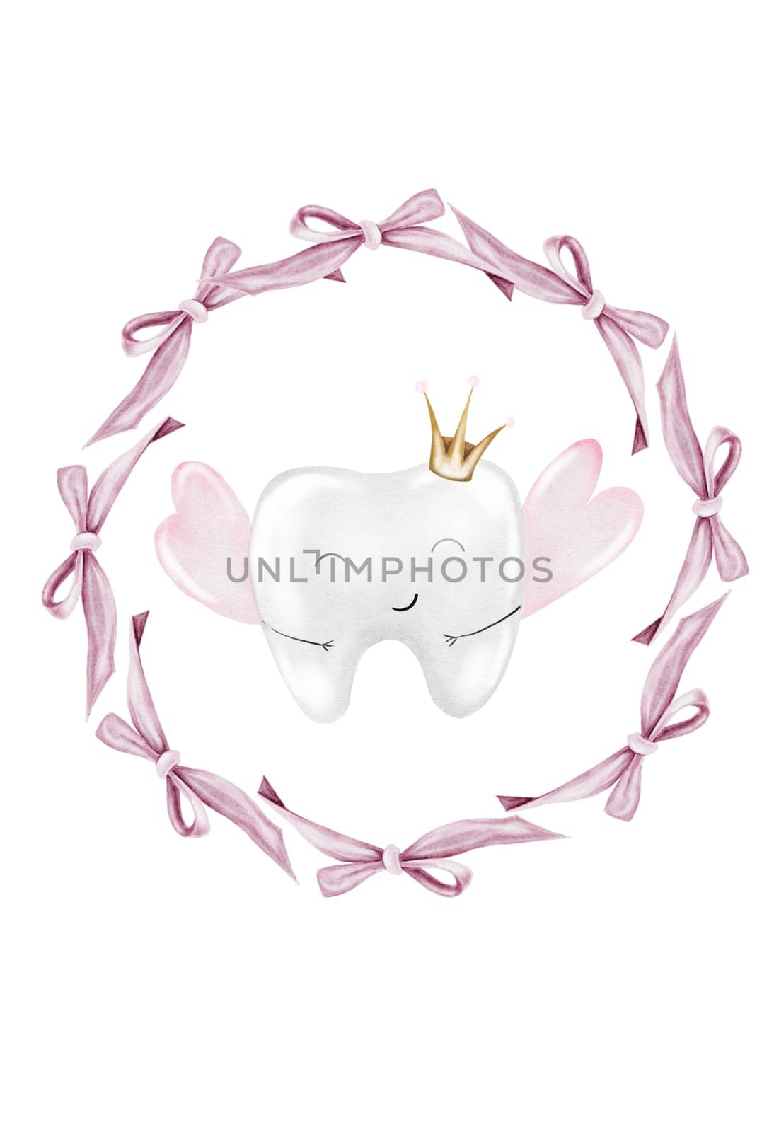 Baby tooth watercolor. Cute cartoon molar with crown in a round frame of pink bows on isolated white background. Dental clip art. Ideal for cards and invitations to the party baby's first tooth, posters in the doctor's office. High quality illustration