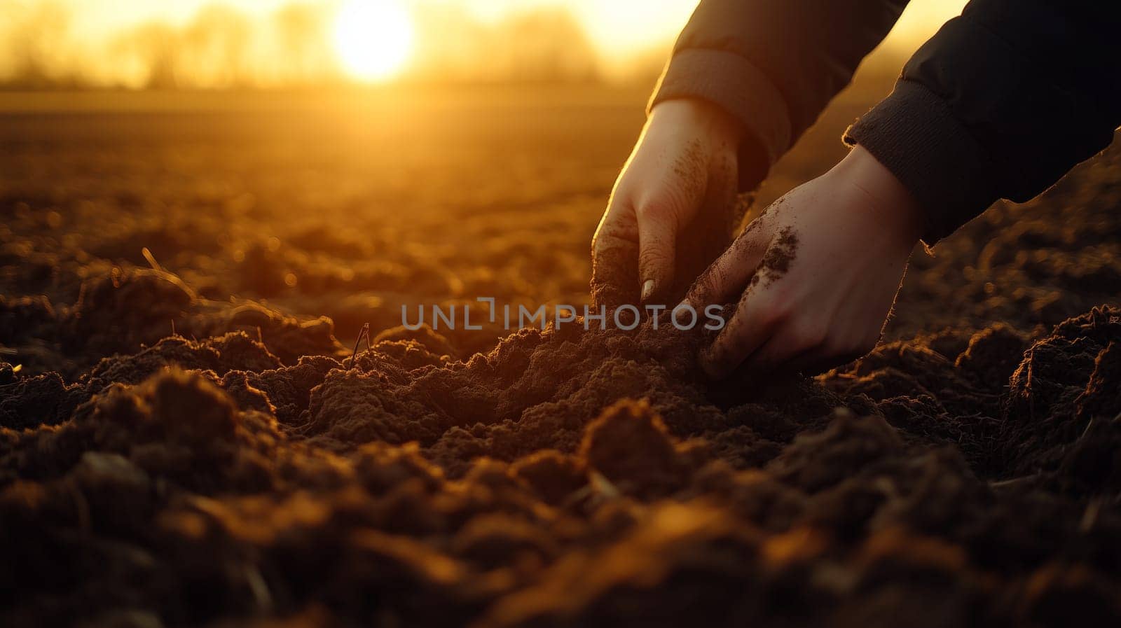Farmer is holding fertile soil in hands at sunset in cultivated field